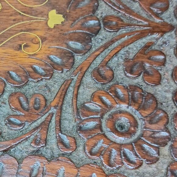 Handcarved Wood Jewlery Box Inlaid Ornate Floral Design - Picture 10 of 12